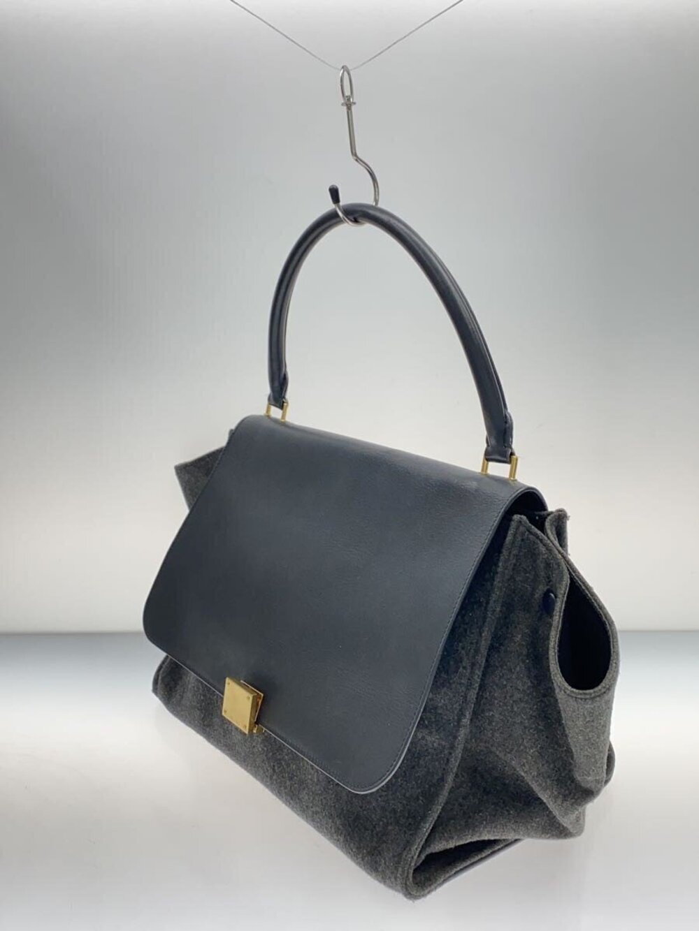 Celine Handbag Felt Leather Shoulder Trapeze Strap Black